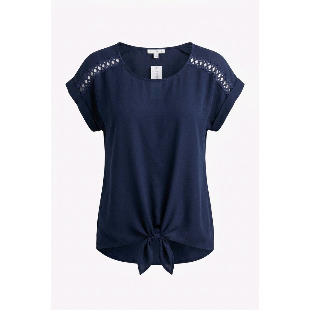 Fortune + Ivy Blouse Navy Blue Crochet Shoulder Tie‎ Front Casual Small